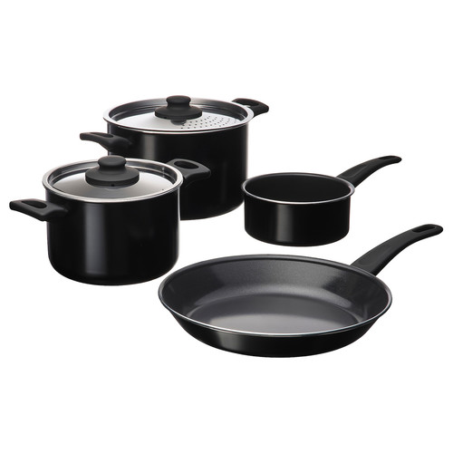 HEMLAGAD 6-piece cookware set, non-stick coating black