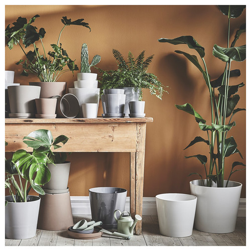 KLARBÄR Plant pot with saucer, in/outdoor grey-brown, 15 cm