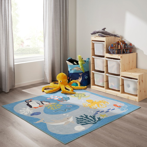 BLÅVINGAD Rug, ocean animals pattern/multicolour, 133x133 cm