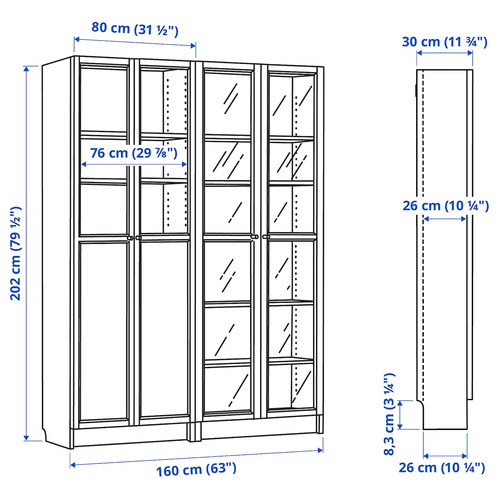 BILLY / OXBERG Bookcase with panel/glass doors, dark brown oak effect/clear glass, 160x30x202 cm