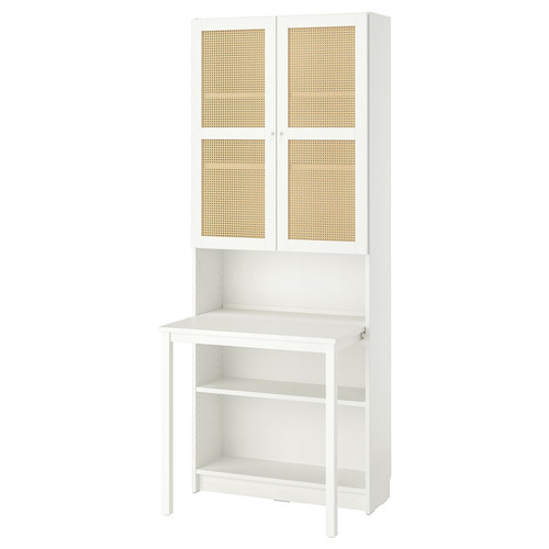 BILLY / HÖGADAL Bookcase with desk, white/woven bamboo, 80x202 cm