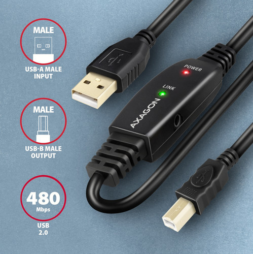 AXAGON USB Cable ADR-210B USB 2.0 A-M -> B-M act 10m