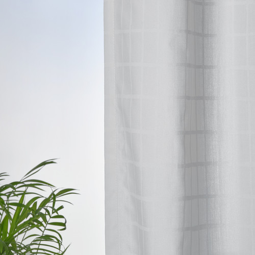 MÄSTERROT Curtains, 1 pair, white white/grid with heading tape, 145x300 cm