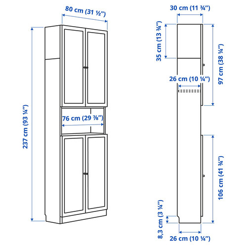 BILLY / OXBERG Bookcase w doors/extension unit, oak effect, 80x30x237 cm