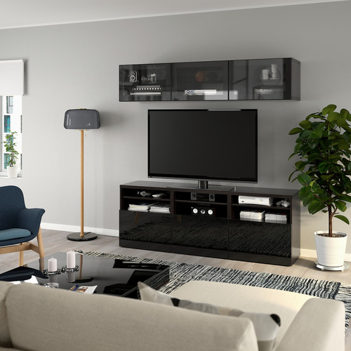 BESTÅ TV storage combination/glass doors, black-brown/Selsviken high-gloss/black clear glass, 180x42x192 cm