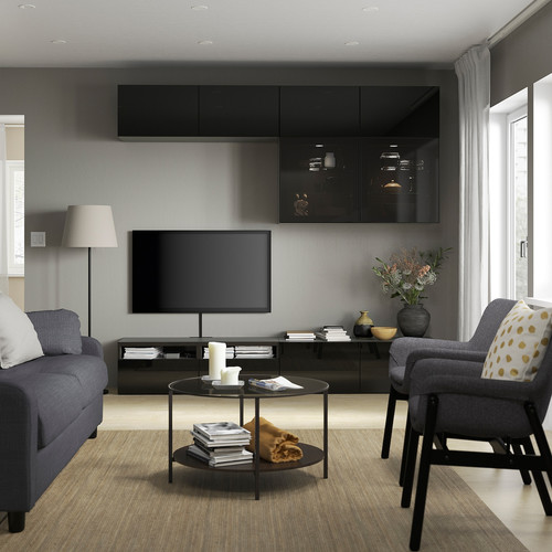 BESTÅ TV storage combination/glass doors, black-brown/Selsviken high-gloss/black smoked glass, 240x42x231 cm