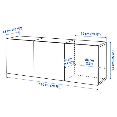 BESTÅ Wall-mounted cabinet combination, black-brown Hedeviken/dark brown stained oak veneer, 180x42x64 cm