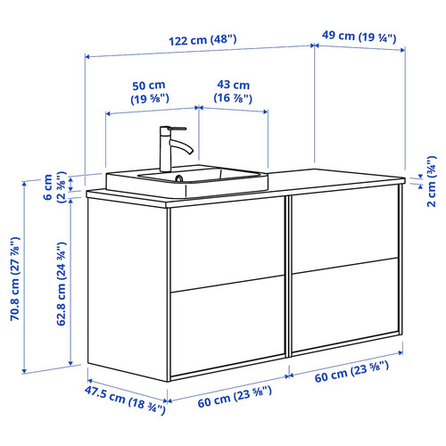ÄNGSJÖN / BACKSJÖN Wash-stand/wash-basin/tap, high-gloss white/black marble effect, 122x49x71 cm