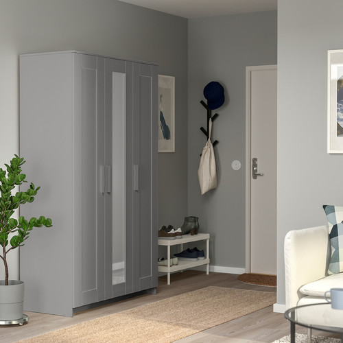 BRIMNES Wardrobe with 3 doors, grey, 117x190 cm