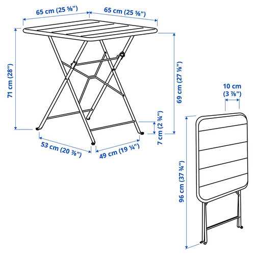 SUNDSÖ Table and 2 folding chairs, outdoor bright yellow/bright yellow Kuddarna light grey-beige, 65x65 cm